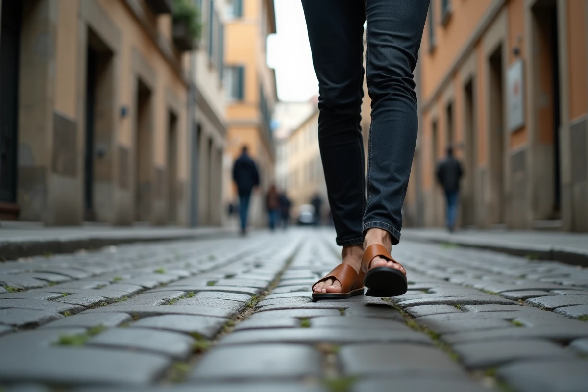 Homme marchant sur des pavés avec des sandales à semelle anatomique dans une ruelle européenne