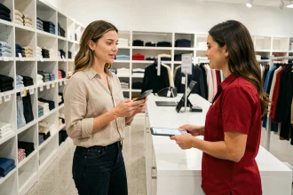 Cliente au comptoir du service client d'un magasin C&A, tenant son smartphone pour obtenir de l'aide