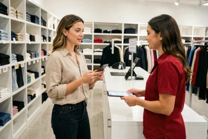 Cliente au comptoir du service client d'un magasin C&A, tenant son smartphone pour obtenir de l'aide