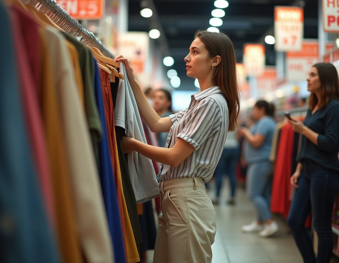 Jeune femme faisant ses achats dans un magasin de mode alternative apr&egrave;s la fermeture de Zara, cherchant des v&ecirc;tements &agrave; petit prix