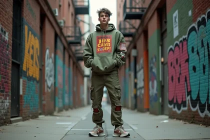 Jeune homme en tenue streetwear urbaine bullrot dans une ruelle avec graffitis et murs en brique