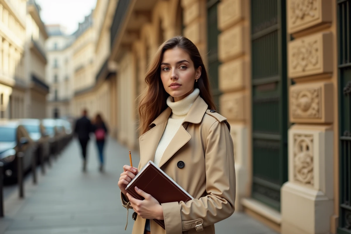 Jeune femme parisienne en trench coat beige tenant un carnet, photographiée en extérieur avec des façades haussmanniennes en arrière-plan flou, style éditorial épuré