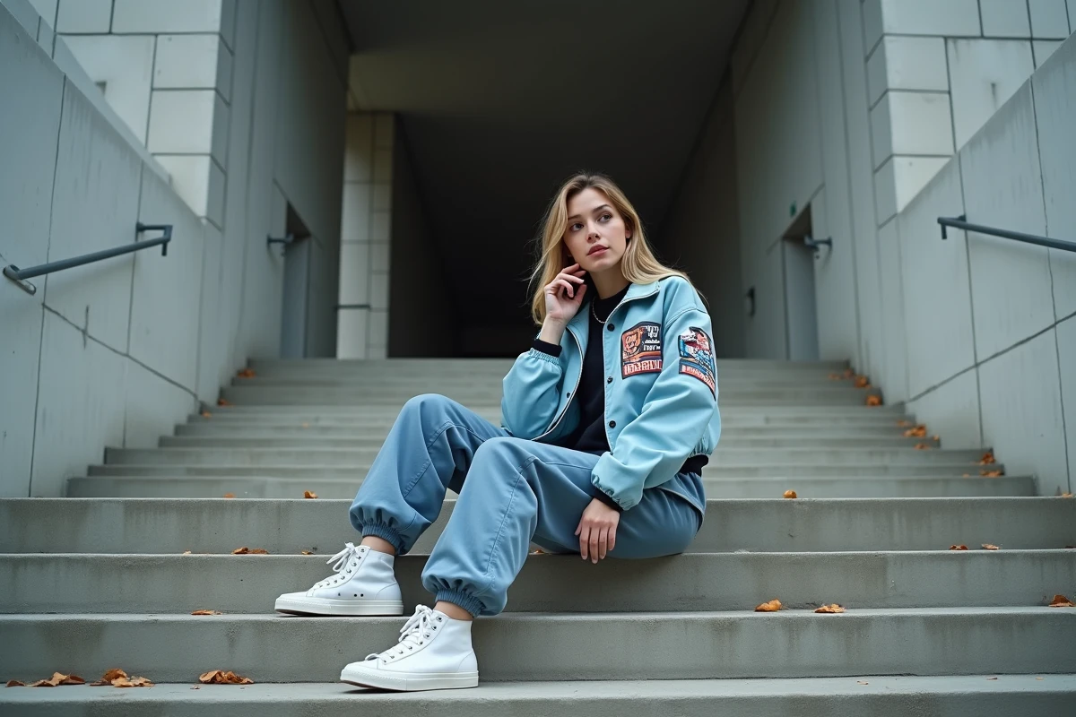 Femme en veste streetwear bullrot assise sur un escalier en béton dans un cadre urbain brutaliste