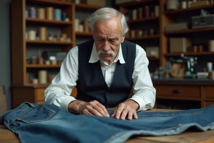Tailleur &acirc;g&eacute; examinant un jean vintage dans son atelier