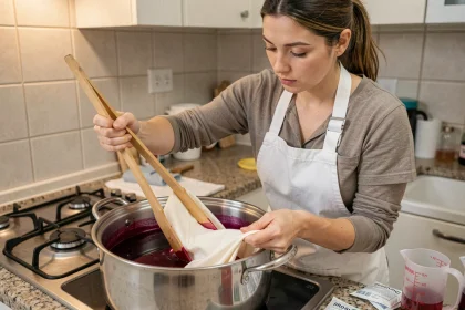 Femme teignant un tissu en polyester dans une grande casserole de teinture rose sur une cuisinière à gaz à la maison