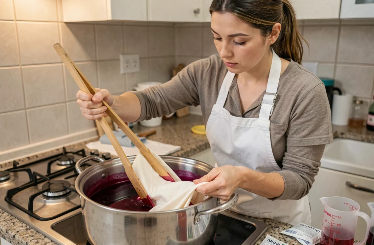 Femme teignant un tissu en polyester dans une grande casserole de teinture rose sur une cuisinière à gaz à la maison