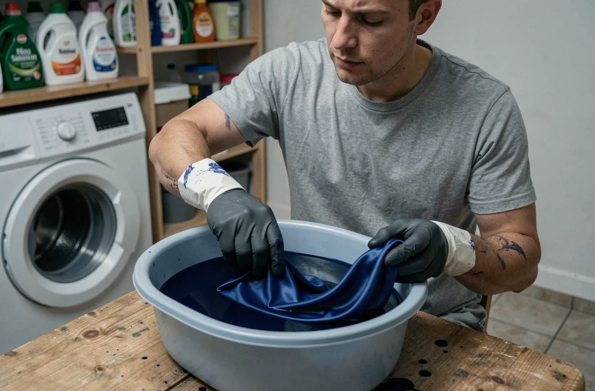 Homme en gants de protection mélangeant un tissu polyester dans un bac de teinture bleue dans une buanderie