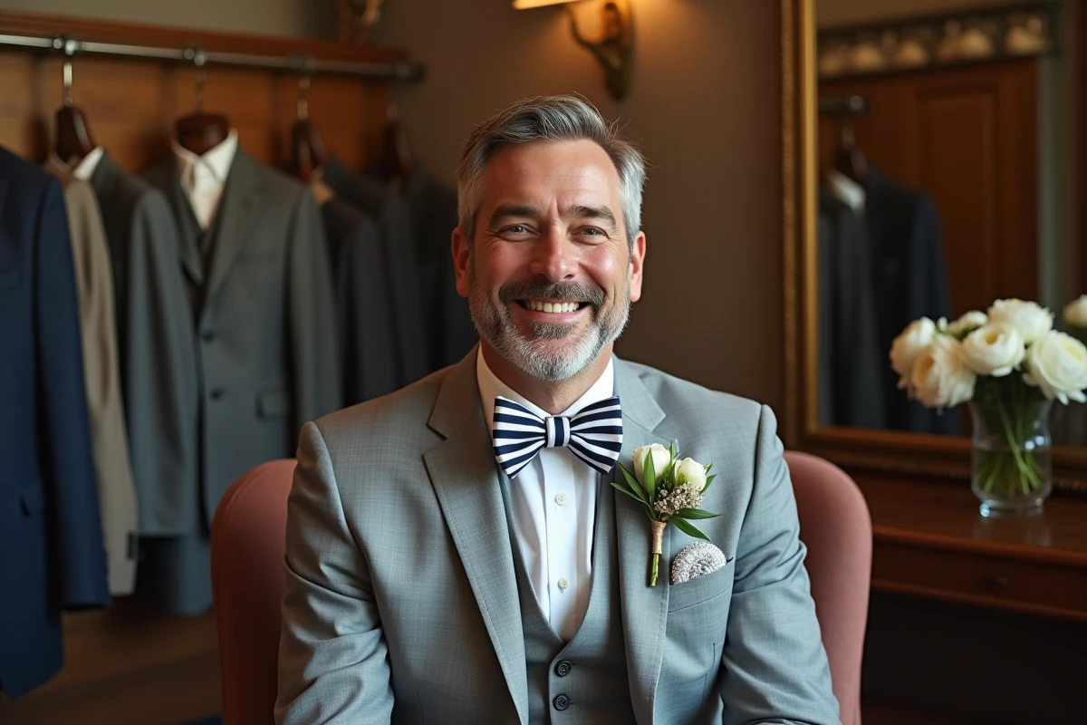 Témoin de mariage souriant en costume gris clair et nœud papillon rayé en lin bleu marine, assis sur un banc en bois dans une salle de préparation décorée