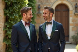 Deux témoins de mariage en costume bleu marine portant des nœuds papillons originaux, l'un en soie bordeaux et l'autre en jacquard géométrique vert, dans la cour d'un château en pierre