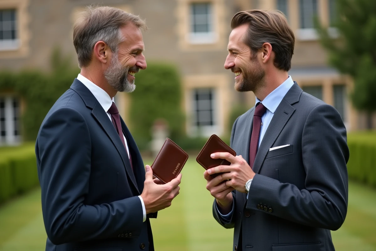 Deux témoins de mariage tenant leur portefeuille personnalisé en cuir lors d'une réception en plein air