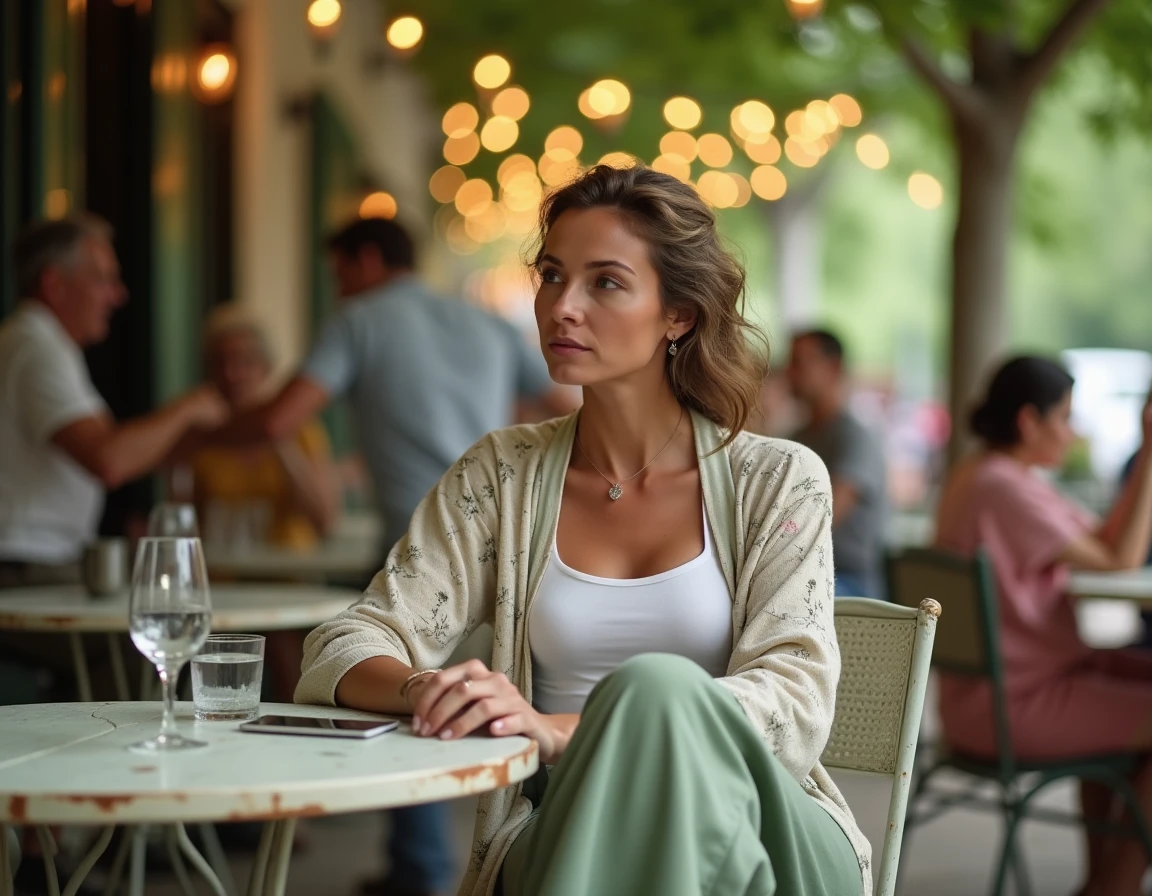 Femme assise en pantalon ample vert sauge et kimono fleuri léger lors d'une fête guinguette en plein air