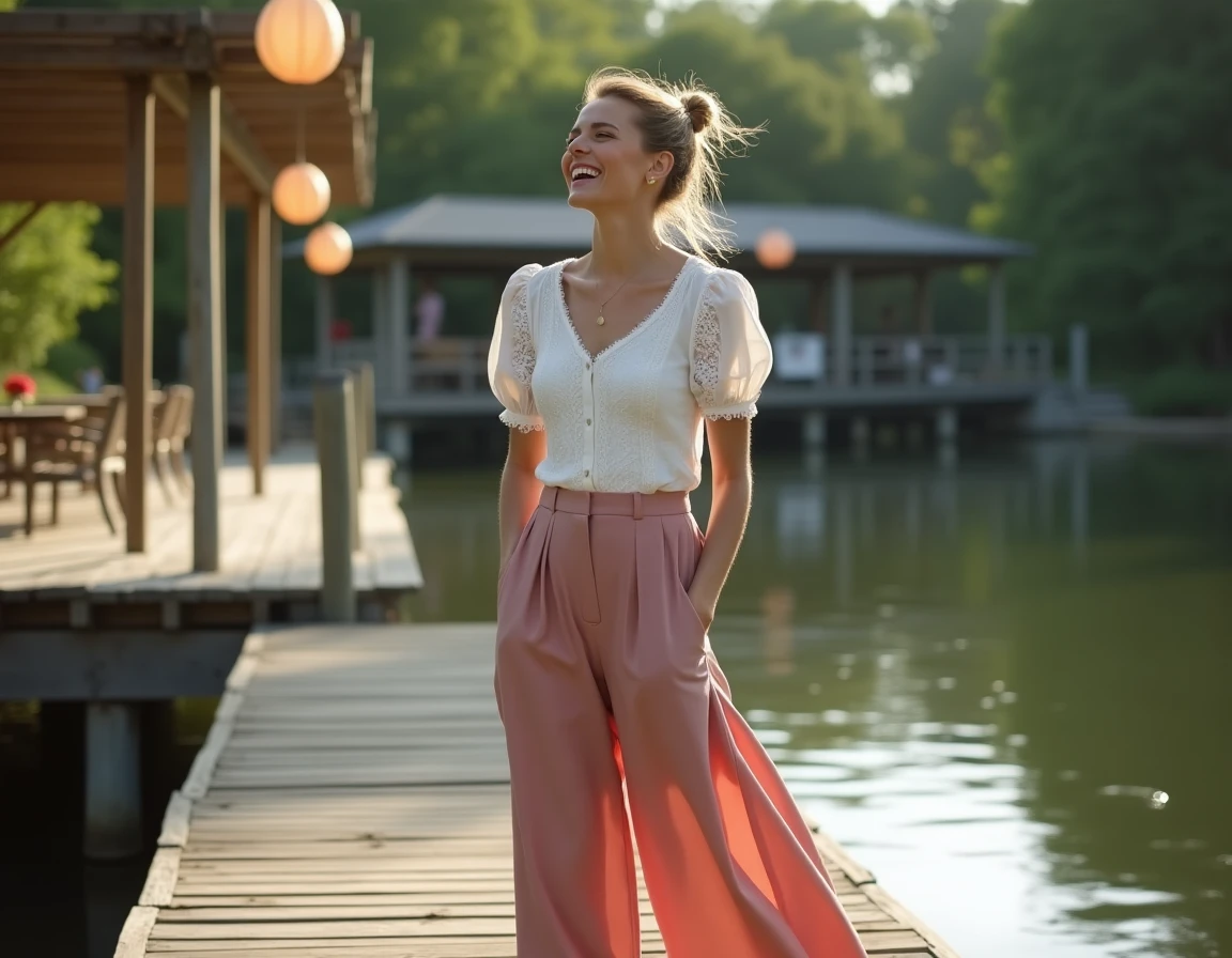 Jeune femme en pantalon fluide rose poudré et blouse broderie anglaise sur un ponton de guinguette au bord de l'eau