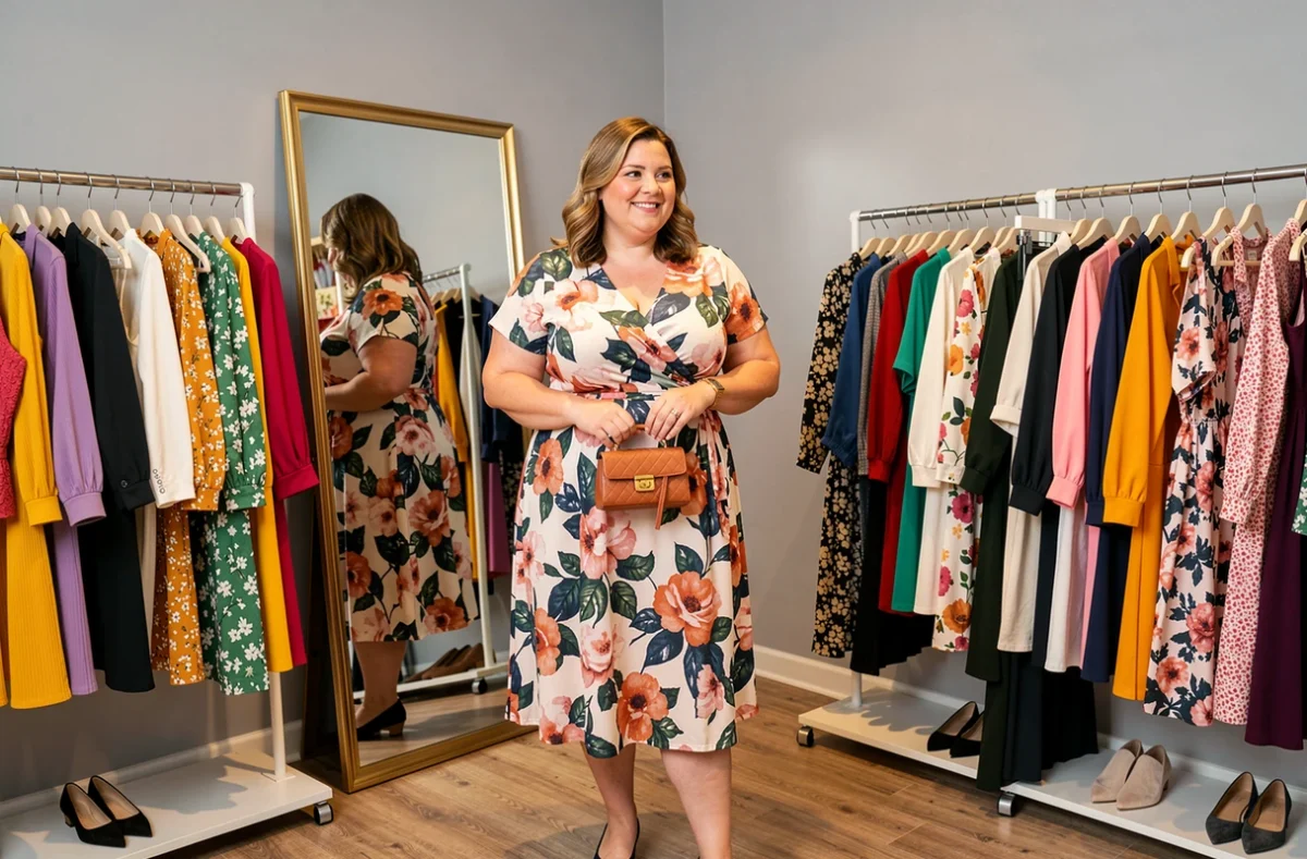 Cliente grande taille essayant une robe dans la boutique Toscane spécialisée en mode féminine grande taille dans l'Aisne