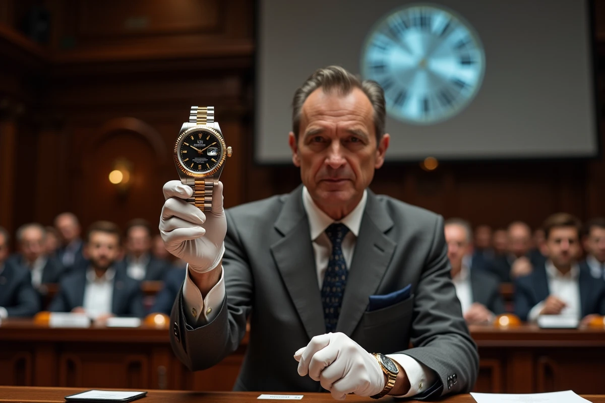 Commissaire-priseur présentant une Rolex Day-Just en vente aux enchères dans une salle de vente de montres de luxe