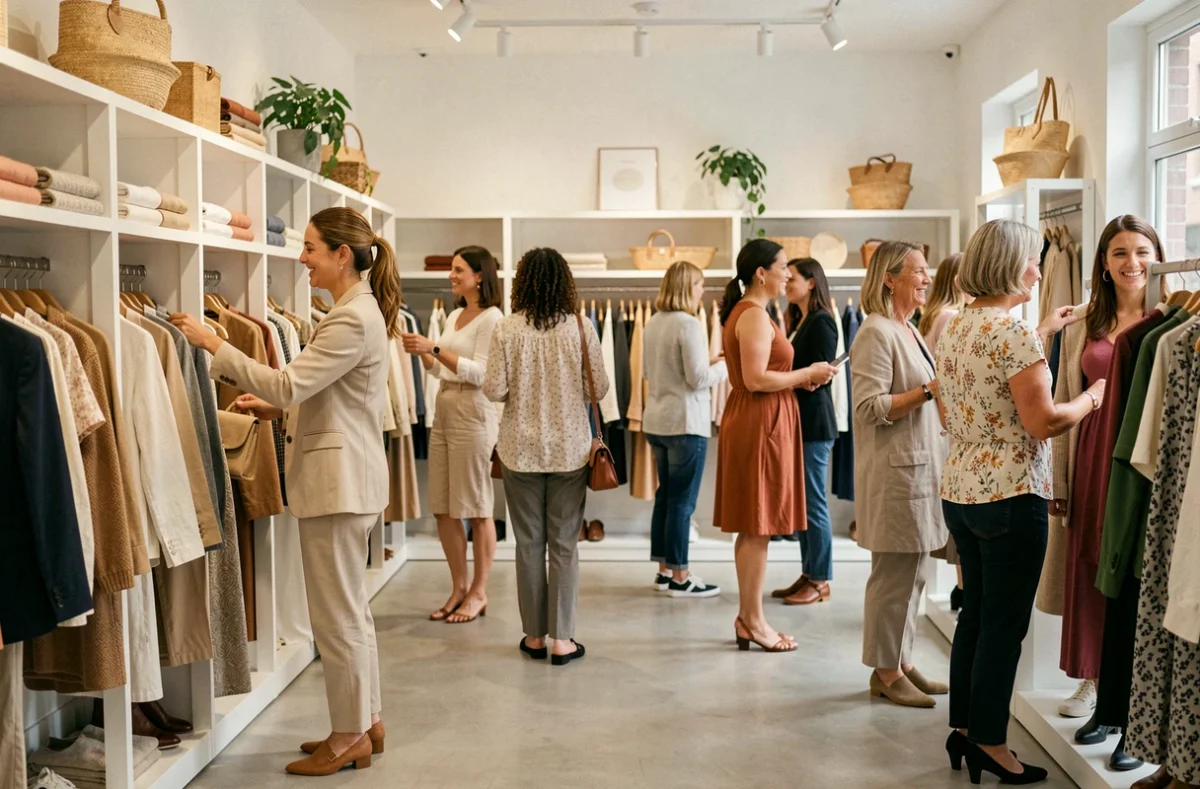 Intérieur de la boutique Yamaël proposant du prêt-à-porter féminin inclusif avec des clientes de morphologies variées
